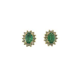 14 Karat Yellow Gold Emerald Diamond Halo Stud Earrings #19463